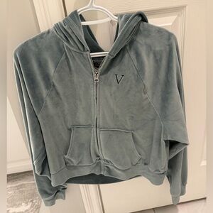 Victoria's Secret Sage Green Velour Cropped Full-Zip Hoodie